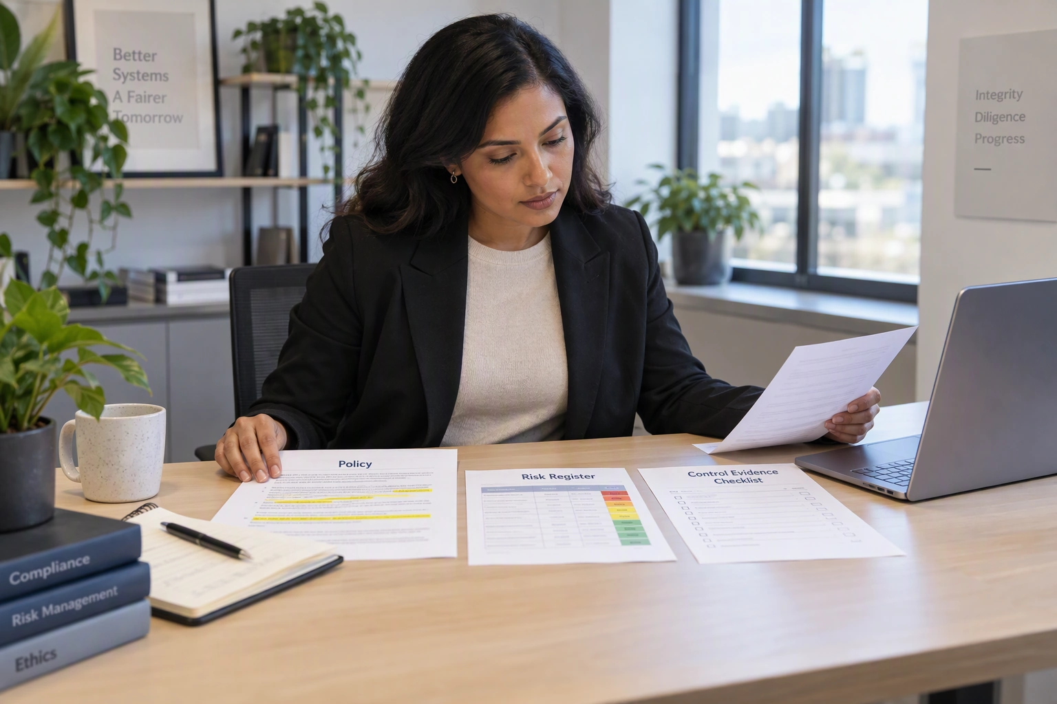 A compliance analyst candidate reviews a policy, risk register, and control evidence in a professional workspace.