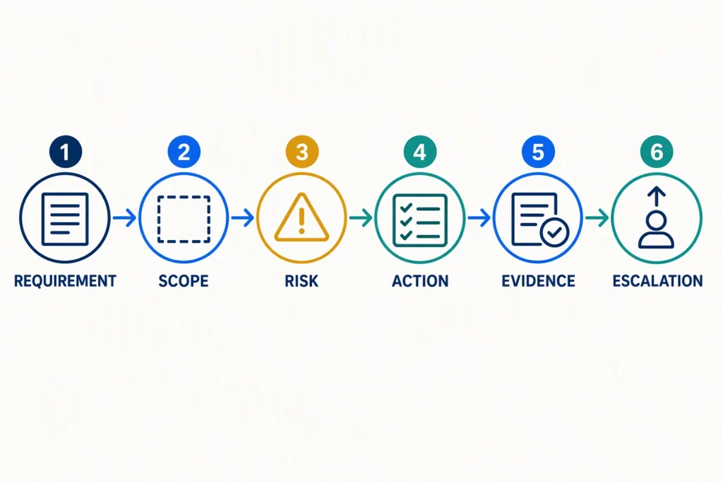 A six-step compliance workflow moves from a requirement through scope, risk, action, evidence, and escalation.