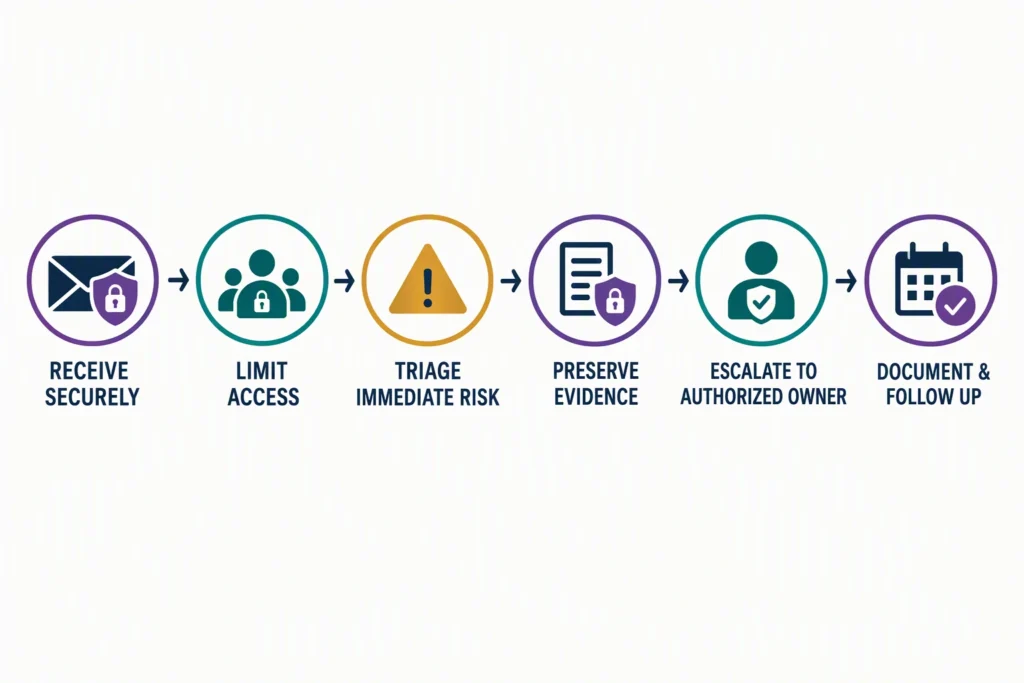 A confidential-report response path protects need-to-know handling while triaging risk, preserving evidence, and escalating.