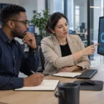 A security analyst candidate and interviewer review a clean alert dashboard in a modern operations workspace