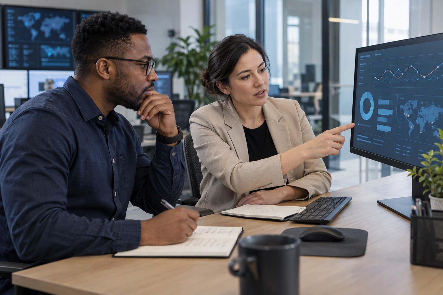 A security analyst candidate and interviewer review a clean alert dashboard in a modern operations workspace