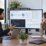 A data engineer candidate and interviewer review a fictional pipeline architecture, SQL query, data-quality checks, and monitoring dashboard.