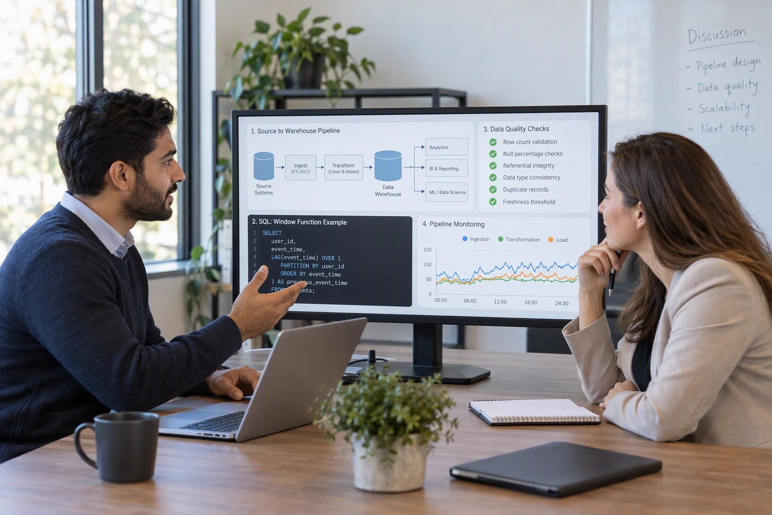A data engineer candidate and interviewer review a fictional pipeline architecture, SQL query, data-quality checks, and monitoring dashboard.