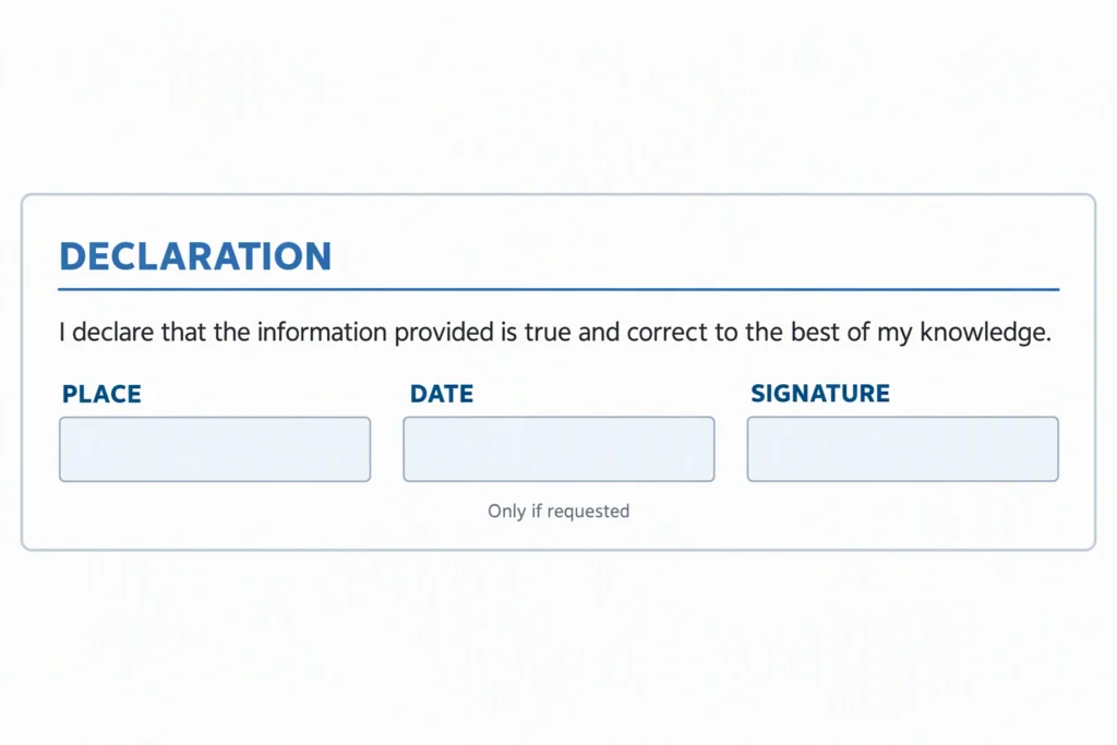 A compact resume footer shows a one-sentence declaration above conditional place, date, and signature fields.