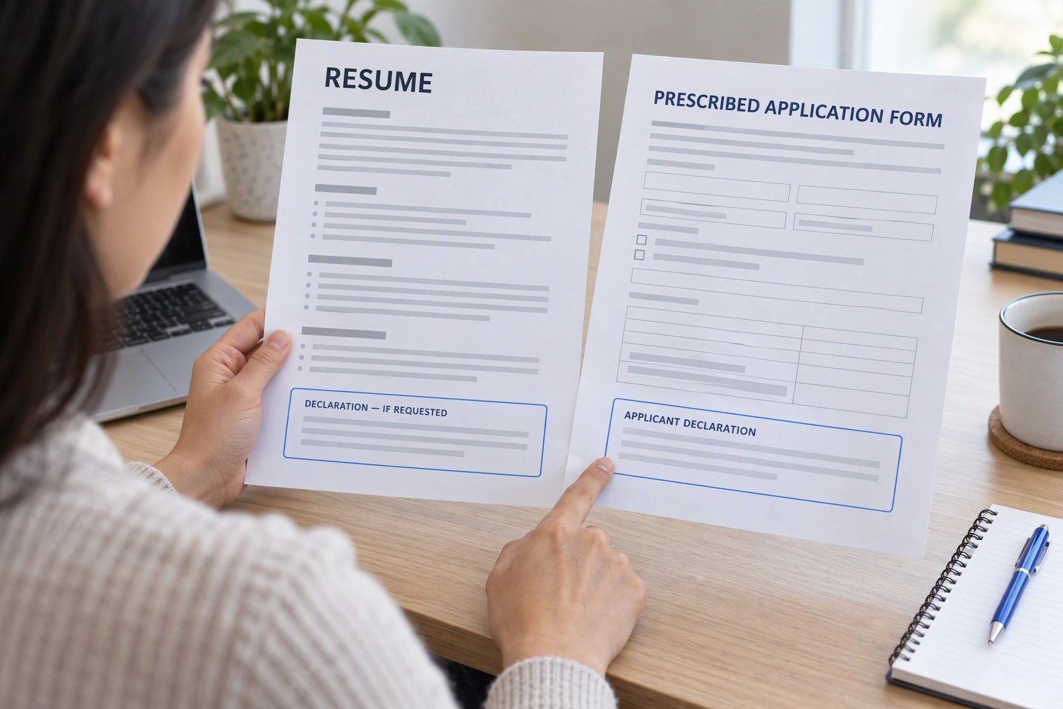 An applicant compares a resume footer with a prescribed application form before submitting.