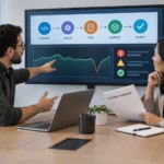A DevOps engineering candidate and interviewer review a fictional delivery pipeline, service dashboard, and incident runbook.