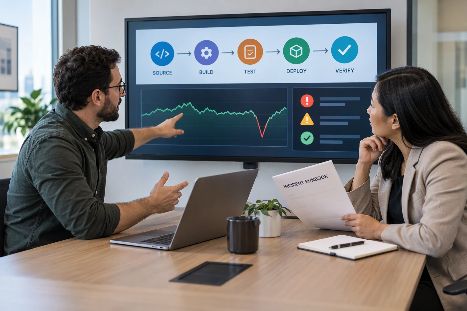 A DevOps engineering candidate and interviewer review a fictional delivery pipeline, service dashboard, and incident runbook.