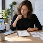A digital marketing specialist prepares interview stories beside a laptop, notebook, channel plan, and abstract campaign analytics board.