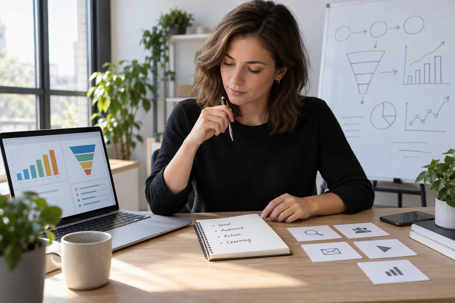 A digital marketing specialist prepares interview stories beside a laptop, notebook, channel plan, and abstract campaign analytics board.