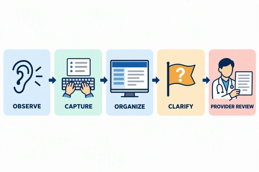 A five-stage medical scribe workflow moves from observing an encounter to provider review.