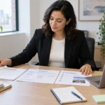 An executive assistant candidate organizes a meeting brief, calendar, and travel plan at a professional workspace.