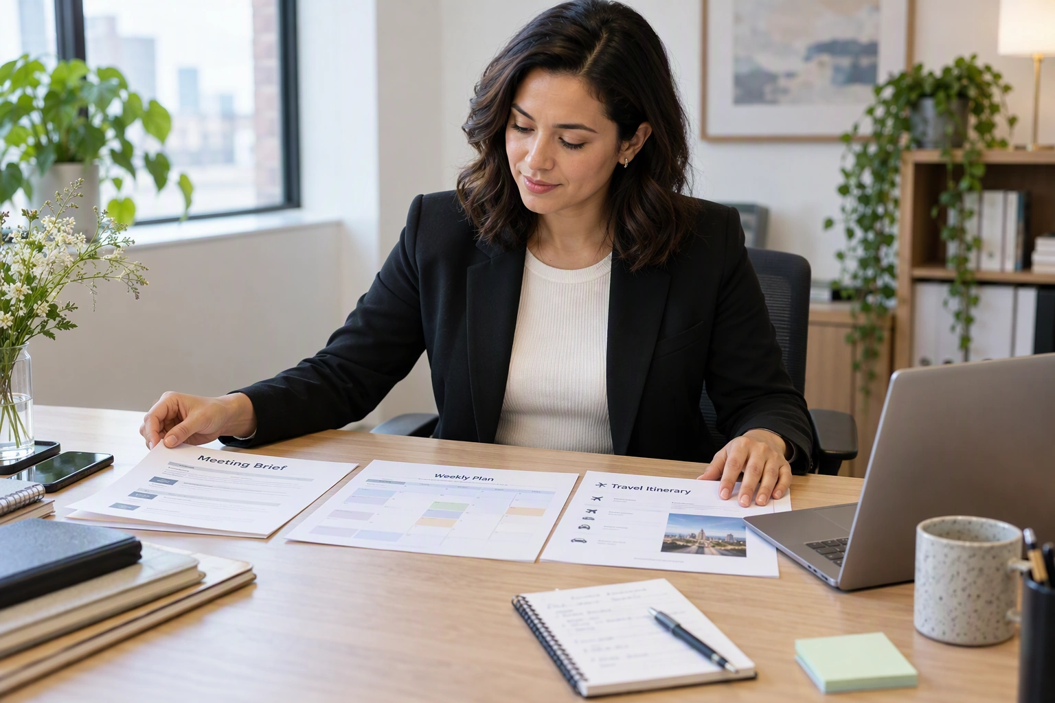 An executive assistant candidate organizes a meeting brief, calendar, and travel plan at a professional workspace.
