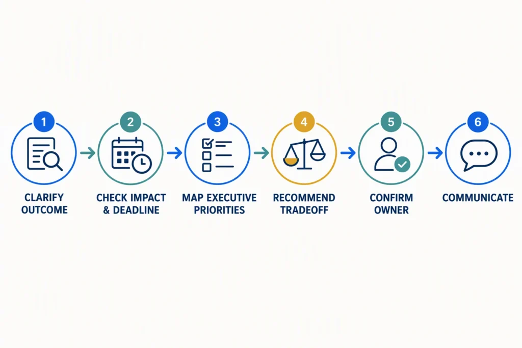 A six-step path shows how an assistant turns competing requests into an owned and communicated priority decision.