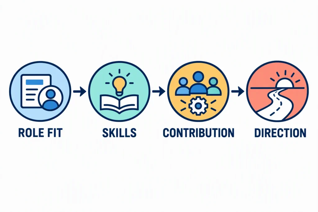 A four-part answer framework moves from role fit to skills, contribution, and direction.