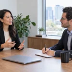 A candidate and interviewer discuss career goals across a bright office table.