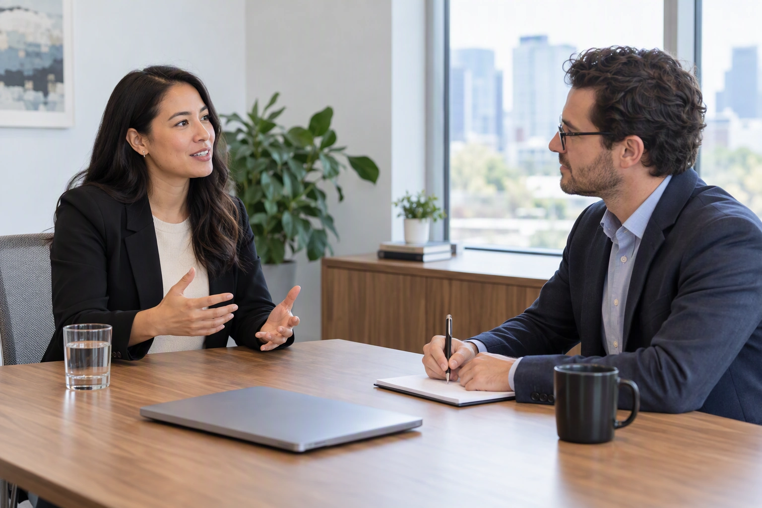 A candidate and interviewer discuss career goals across a bright office table.