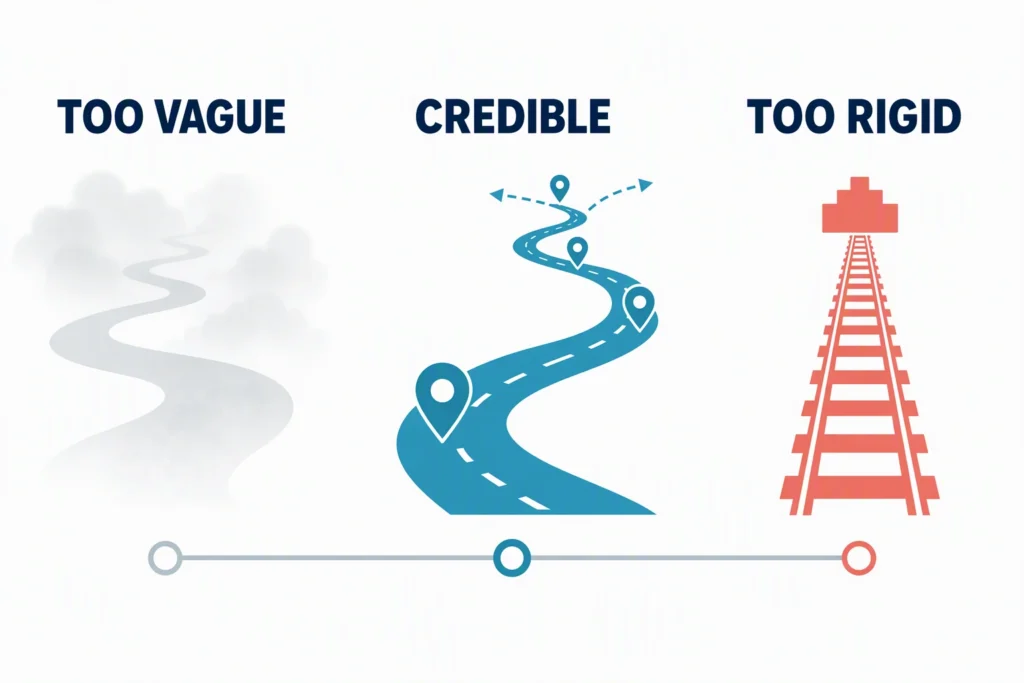 A three-stage spectrum compares answers that are too vague, credible, and too rigid.
