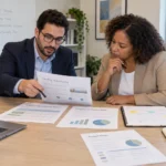 A grant writer candidate and interviewer review a fictional funding notice, requirements matrix, program evidence, and budget notes.