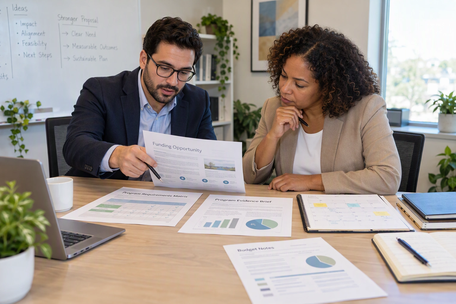 A grant writer candidate and interviewer review a fictional funding notice, requirements matrix, program evidence, and budget notes.