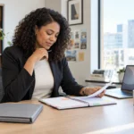 An HR specialist prepares interview stories beside a laptop, policy folder, and organized notes.