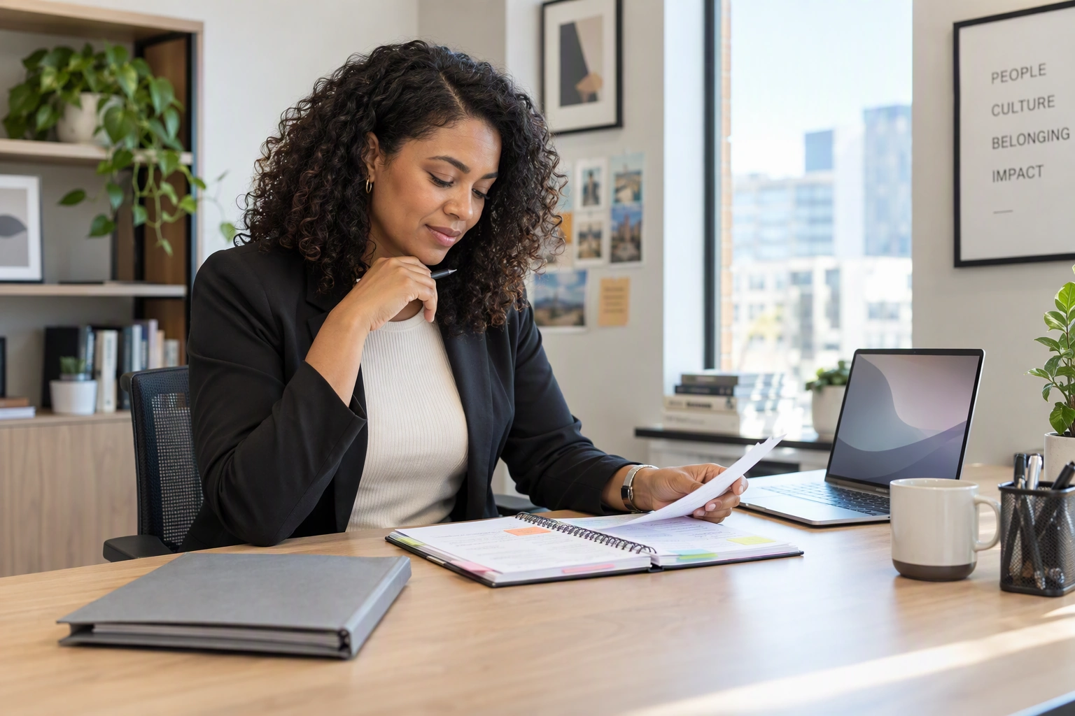 An HR specialist prepares interview stories beside a laptop, policy folder, and organized notes.