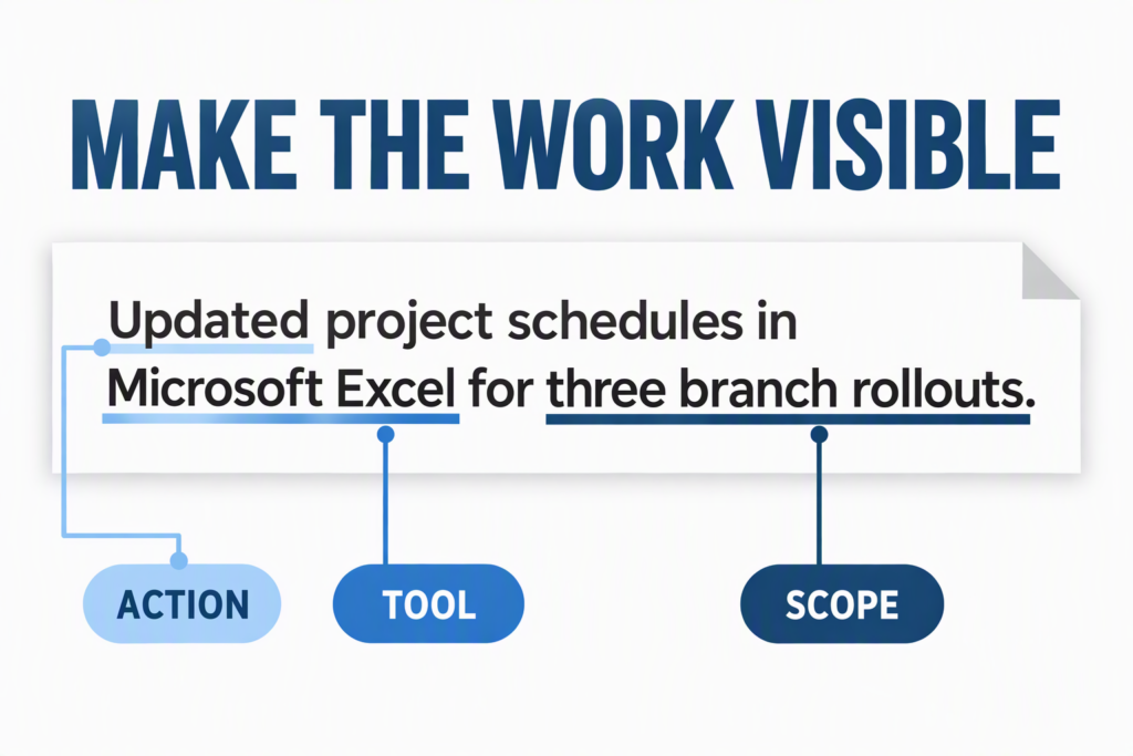 resume-bullet-action-tool-and-scope One resume bullet annotated to show action, tool, and scope.