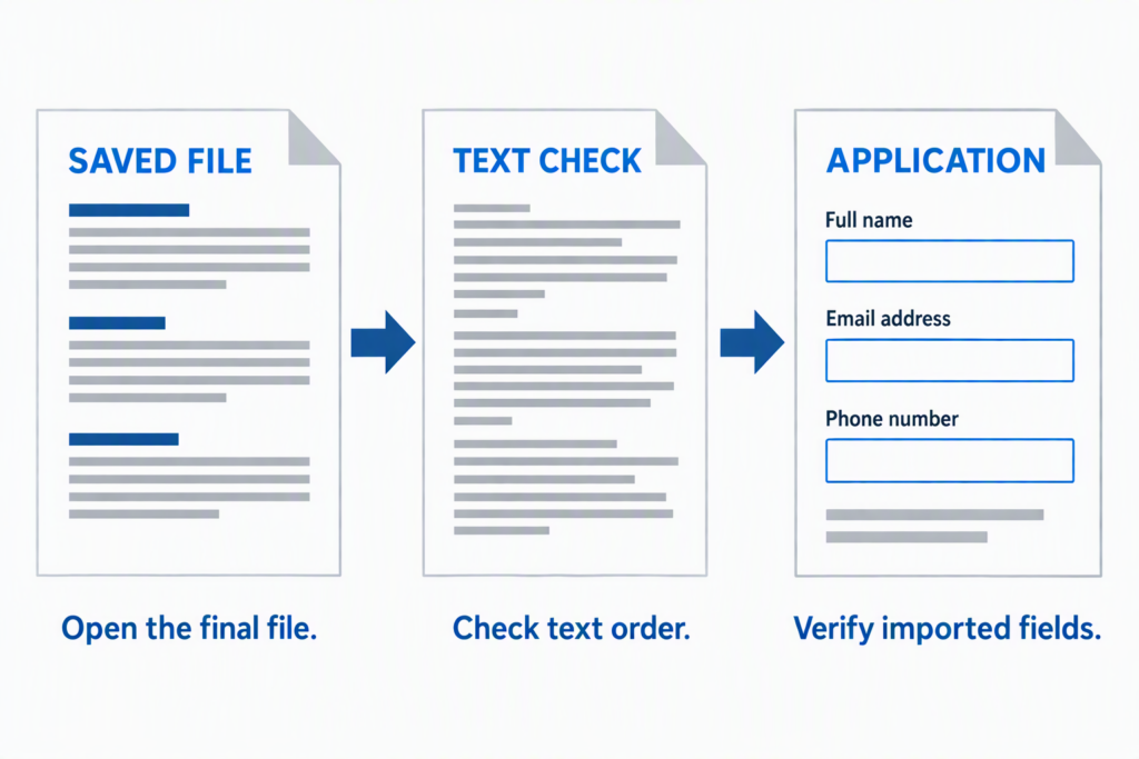 resume-file-to-application-check A resume file, plain-text check, and application form in sequence.