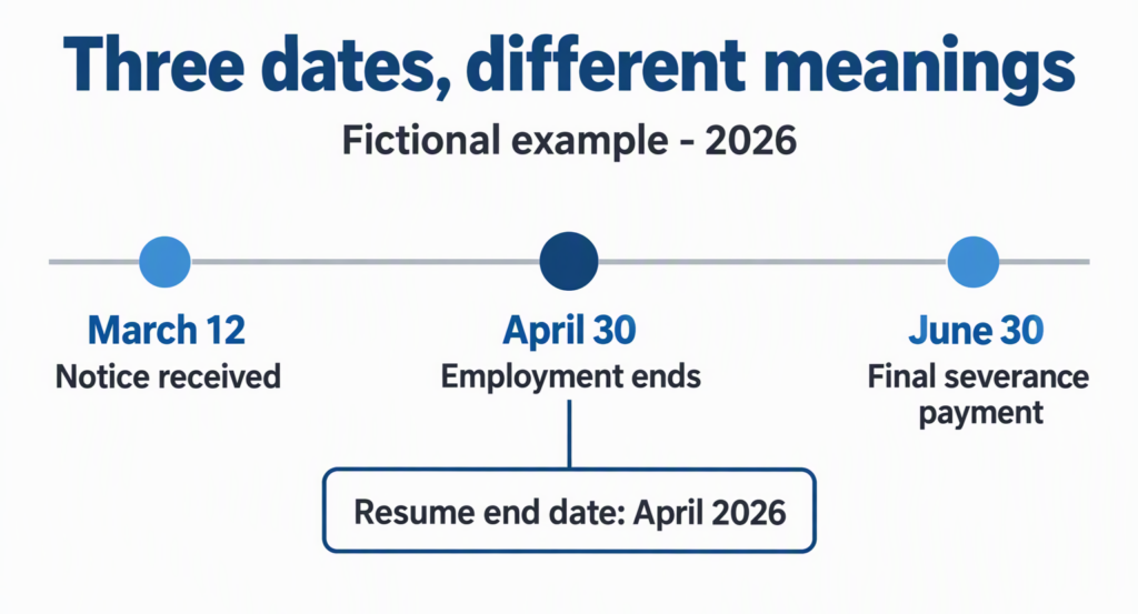 A timeline distinguishes a layoff notice, the official employment end, and the final severance payment.