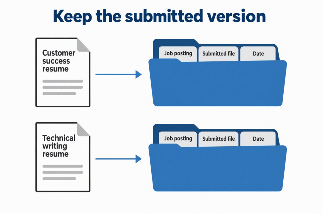 match-resume-versions-to-applications Two resume versions lead to separate application records with saved job postings.