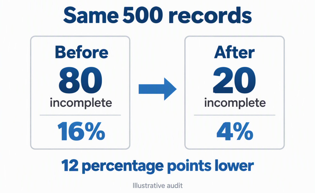 measure-a-change-in-record-completeness Incomplete records fall from 80 of 500 to 20 of 500, a drop from 16 percent to 4 percent.