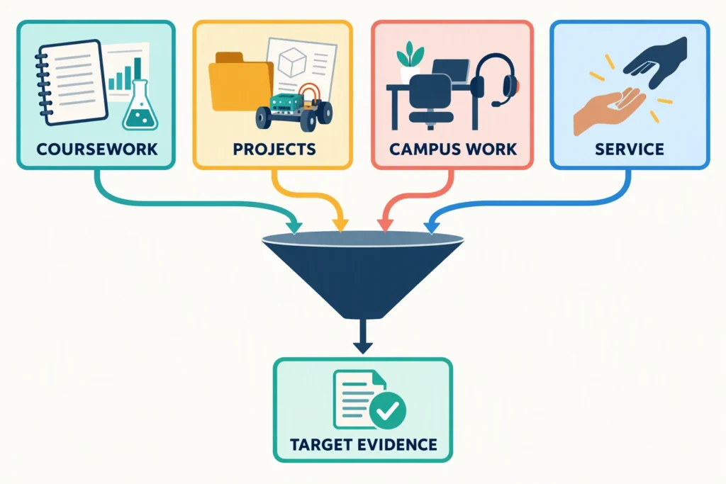 Coursework, projects, campus work, and service feed role-specific evidence for an internship application.