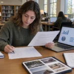 A college student compares an internship posting with coursework, a project dashboard, campus work notes, and a one-page application