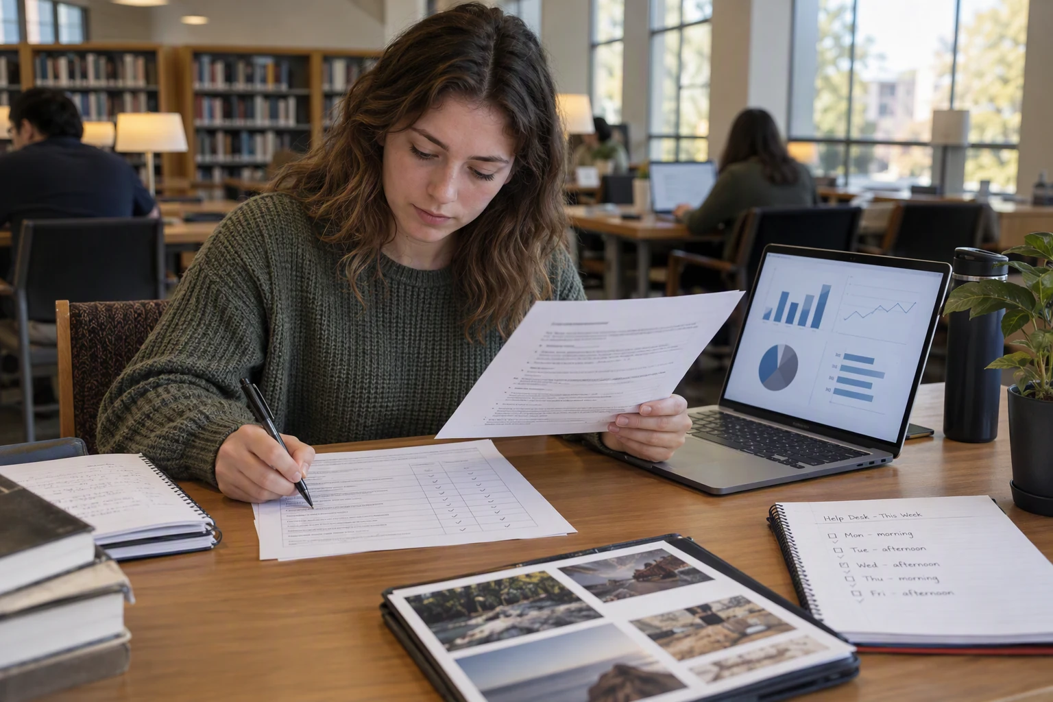 A college student compares an internship posting with coursework, a project dashboard, campus work notes, and a one-page application