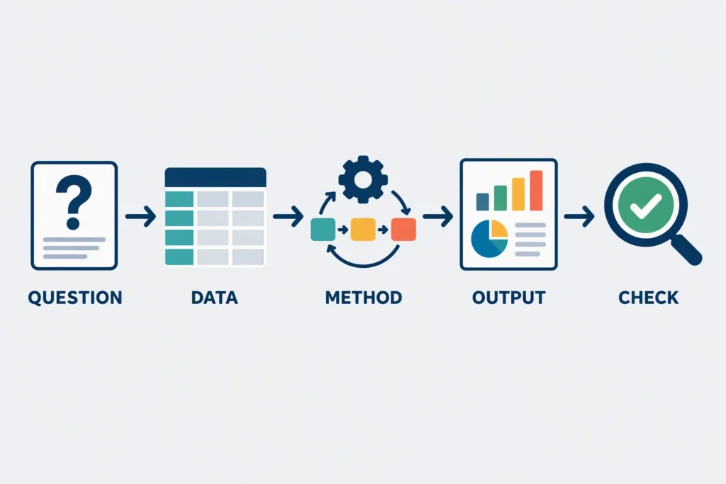 A project evidence path moves from a question through data, method, output, and a final verification check.