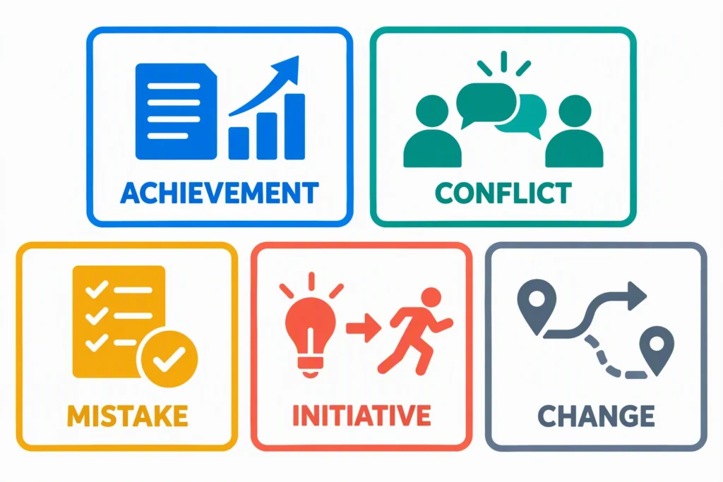  Five preparation cards form a story bank for achievement, conflict, mistake, initiative, and change.