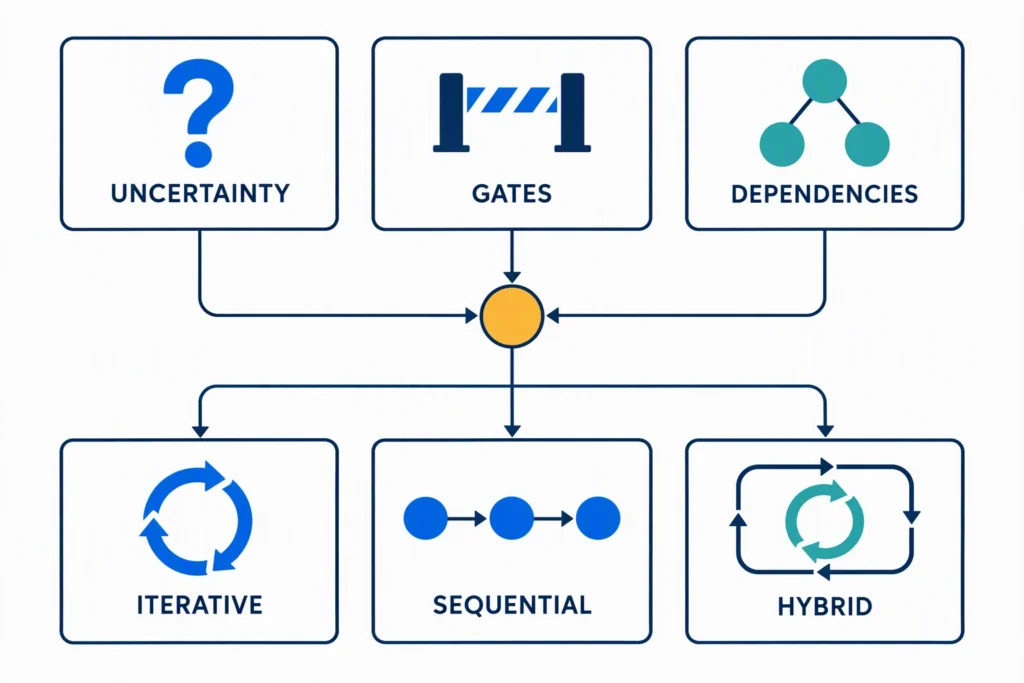 A delivery-approach decision graphic compares iterative, sequential, and hybrid paths against uncertainty, governance gates, and system dependencies.