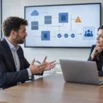 An IT project manager candidate and interviewer discuss an abstract delivery plan linking architecture, dependencies, risk, and operational readiness.