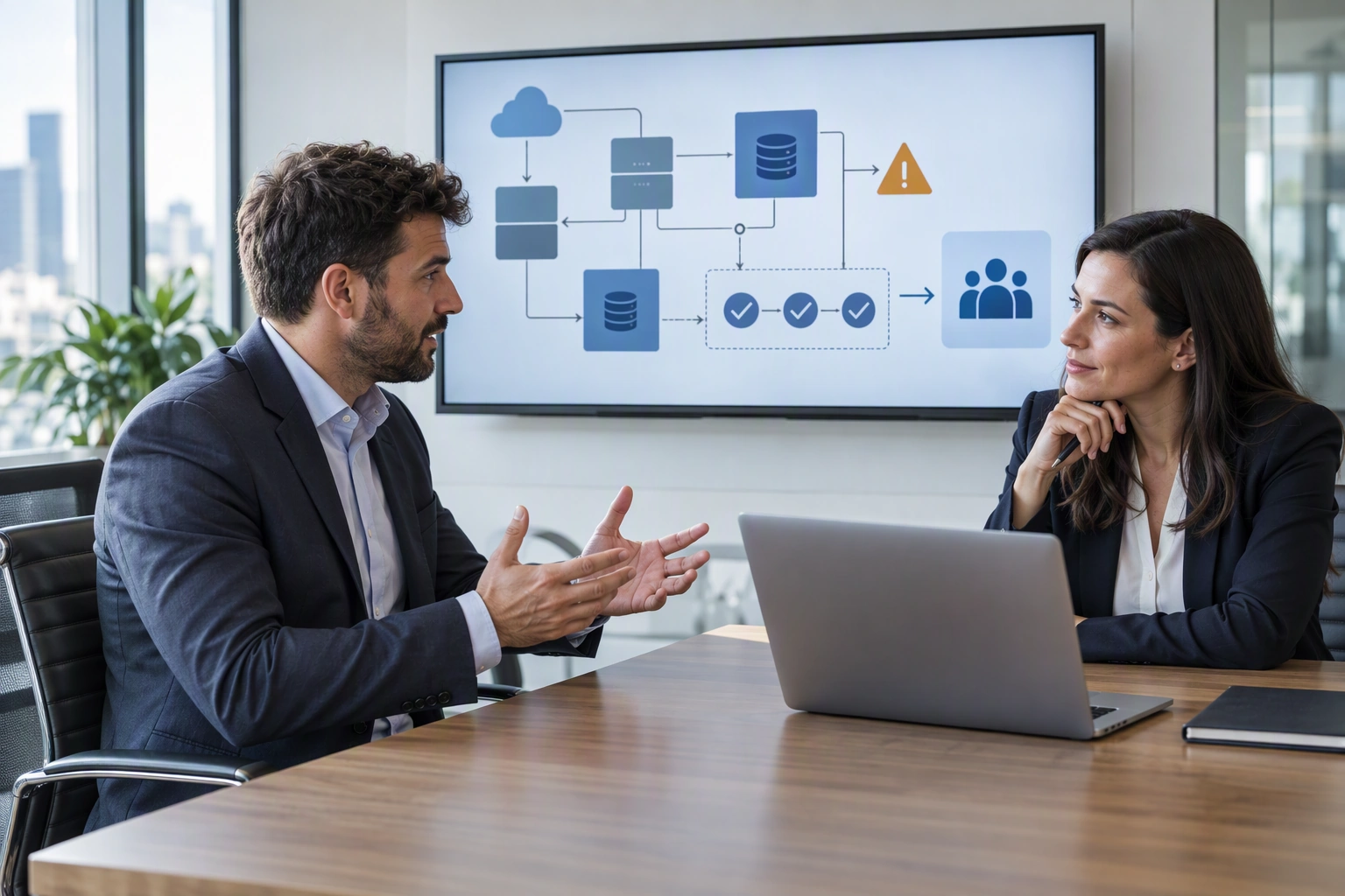 An IT project manager candidate and interviewer discuss an abstract delivery plan linking architecture, dependencies, risk, and operational readiness.