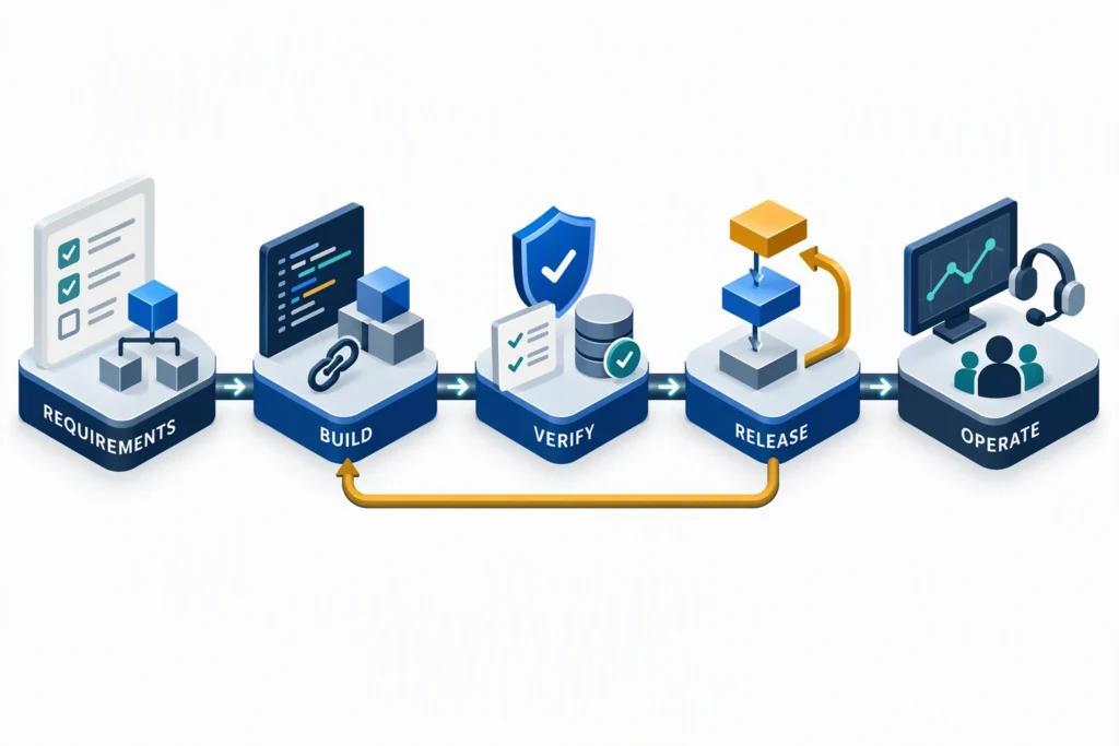 An isometric risk-to-release pipeline moves from requirements through build and verification to release, monitoring, and operational ownership.