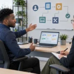 An IT support candidate and interviewer discuss a fictional ticket queue beside a laptop and a simple troubleshooting board.