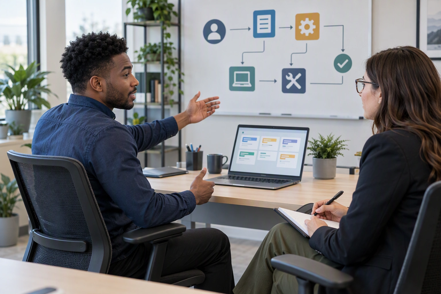 An IT support candidate and interviewer discuss a fictional ticket queue beside a laptop and a simple troubleshooting board.