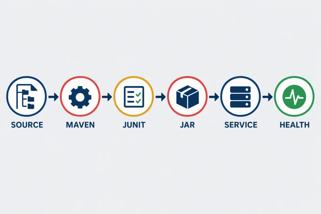 A Java delivery path moves from source code through Maven, JUnit, a packaged JAR, a running service, and a health check.