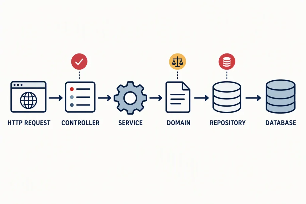 A layered Java backend sends an HTTP request through a controller, service, domain model, repository, and database