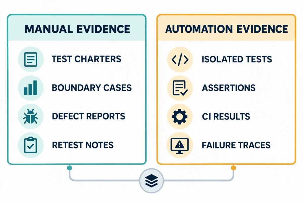 Manual and automation evidence cards compare exploratory and defect work with isolated tests, assertions, and continuous integration results.