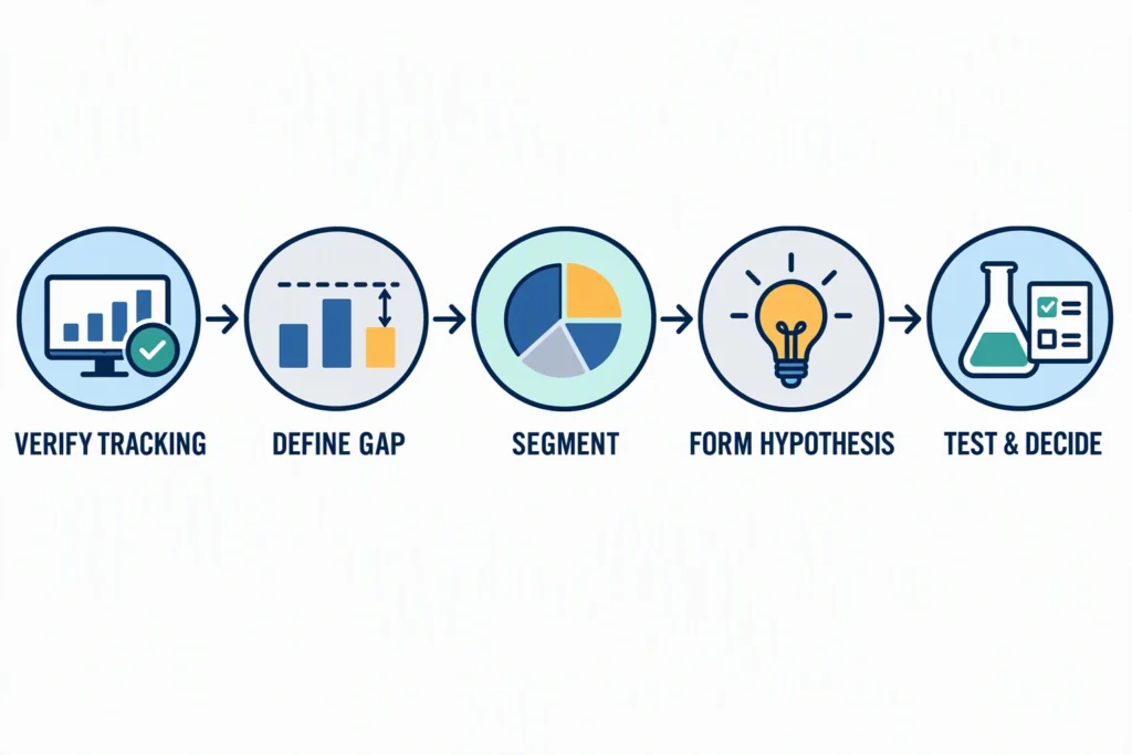 A campaign diagnostic path moves from tracking verification through gap definition, segmentation, a hypothesis, and a test decision.
