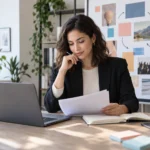 A marketing manager prepares interview stories beside a laptop and an abstract campaign planning board.