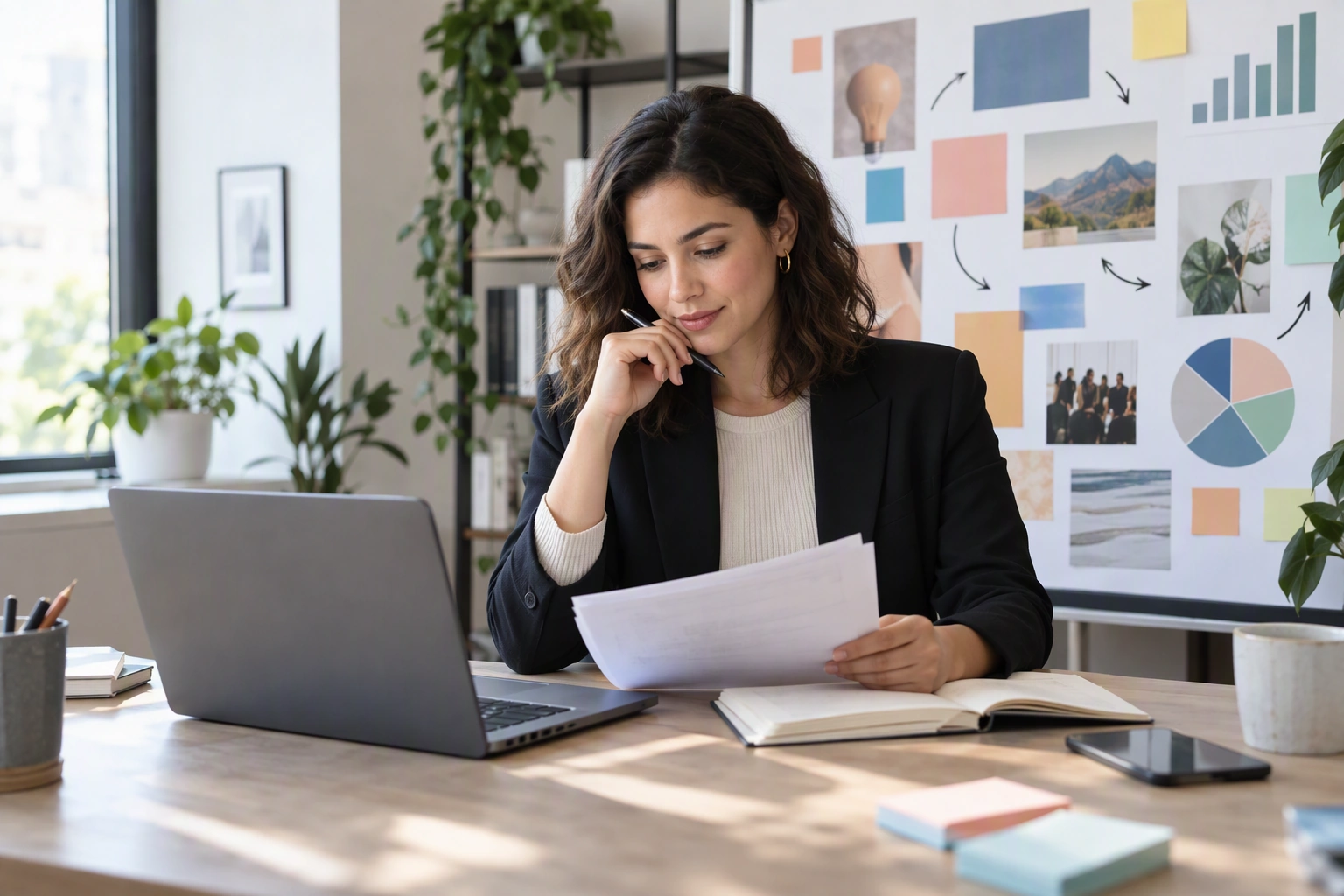 A marketing manager prepares interview stories beside a laptop and an abstract campaign planning board.