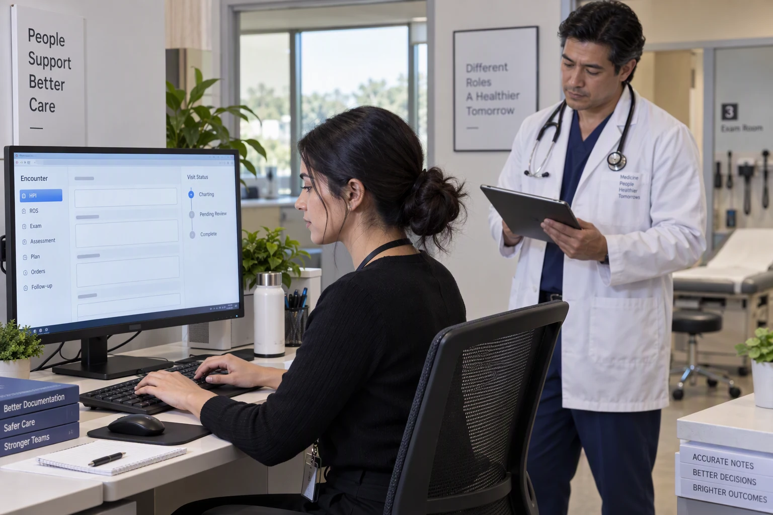 A medical scribe documents a clinical encounter at a workstation while a provider reviews the visit nearby