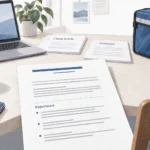 Client briefs, a contract, and a delivery bag beside an organized resume.