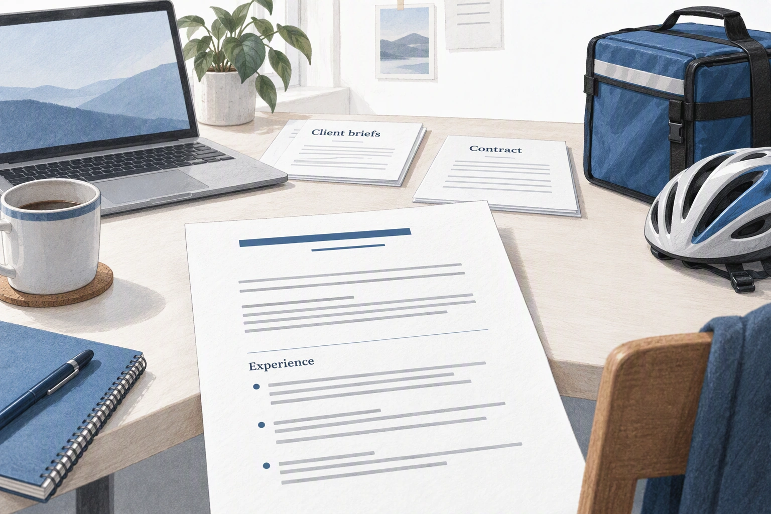 Client briefs, a contract, and a delivery bag beside an organized resume.